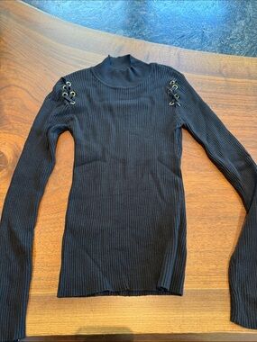 Harve Benard Black Ribbed Mock Neck Lace-Up Shoulder Top